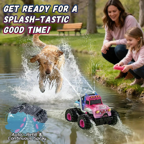 Pink Monster Off Road RC Car For Kids Ages 3 To 12 With 360 Spin Waterproof Amphibious 1 To 18 Scale 4WD in water with splashing dog