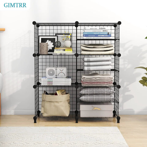 17 Cube Wire Closet Organizer Storage Shelves with clothes and books, black metal frame with ABS connectors, in room setting