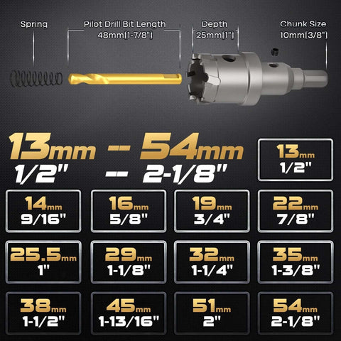DAIMIT 19-piece TCT hole saw kit with 1/2in–2-1/8in carbide hole saws, detachable pilot bits, and L-wrenches