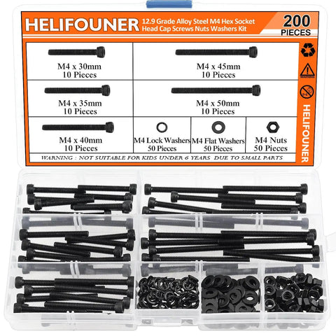 M4 Hex Socket Head Cap Screws Kit with Nuts, Washers, Black Oxide Finish, 200 pcs in multiple sizes, 12.9 Grade Alloy Steel by HELIFOUNER