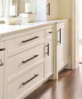 Contemporary Cabinet Pull In Black Bronze And Golden Champagne Finish With Twelve And One Half Inch Overall Length And Ten And One Sixteenth Inch Center To Center Mounting Holes London Style Drawer Pull For Cabinets And Furniture And Doors One Pack installed on kitchen cabinets
