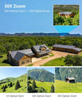 Top Shelf 4K 8MP Poe PTZ Outdoor Security Camera Delivering A Legit 20X Optical Zoom showcasing 30X zoom options on a landscape.