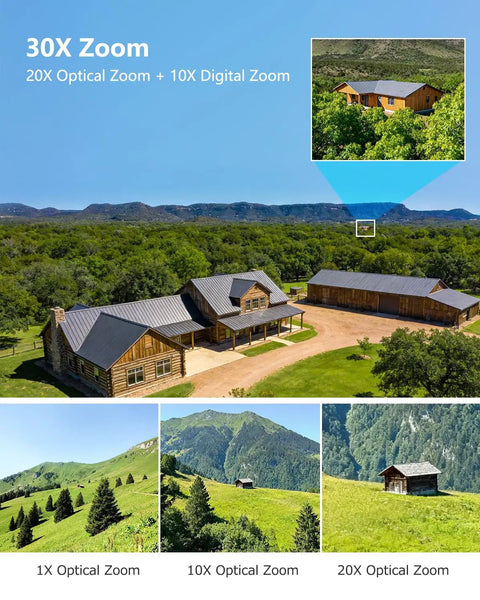 Top Shelf 4K 8MP Poe PTZ Outdoor Security Camera Delivering A Legit 20X Optical Zoom showcasing 30X zoom options on a landscape.