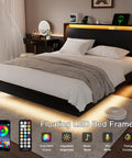 Sick Queen Floating Bed Frame With LED Lights And DC Charging Ports, Hidden Toe Guard Base, Built In Storage Headboard, Silent Noise Free Platform Sleeper, Quick Setup For Chill Bedroom Vibes, Matte Black with glowing LED strips.