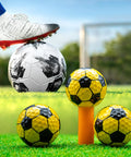 Bright Yellow Soccer Golf Balls Set Of 12 With 360 Degree Soccer Design and soccer ball on tee with soccer cleat on ball