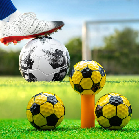 Bright Yellow Soccer Golf Balls Set Of 12 With 360 Degree Soccer Design and soccer ball on tee with soccer cleat on ball