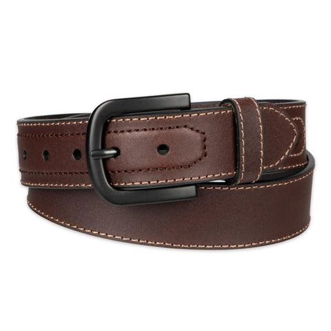Men Genuine Leather Belt With Tonal Stitch Heavy Duty Brown Work Strap Straight Up Durable Everyday Accessory Built For Rugged Casual Wear And Real Deal Office Comfort, featuring a black buckle and detailed stitching.