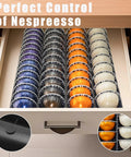 Open drawer with Nespresso Vertuo Pod Drawer Organizer for Countertop holding various Vertuo capsules neatly arranged.