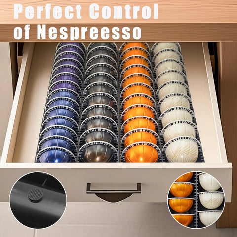 Open drawer with Nespresso Vertuo Pod Drawer Organizer for Countertop holding various Vertuo capsules neatly arranged.