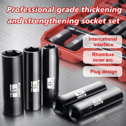 Half-Inch Drive Impact Socket Set, 18-Piece, 6-Point Metric, Deep Sockets From 10mm To 24mm, Cr-V Steel With Corrosion-Resistant Finish