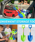 16 Inch Beach Sand Shovel Toy For Kids, Jumbo Garden Scoop Tool Kit in blue and green, shown in car and play settings.