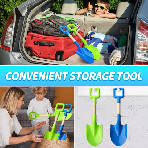 16 Inch Beach Sand Shovel Toy For Kids, Jumbo Garden Scoop Tool Kit in blue and green, shown in car and play settings.