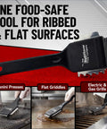 Heavy Duty 3 In 1 Panini Grill Brush Cleaner With Stainless Steel Scraper Tool for ribbed and flat surfaces.