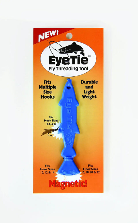 Eye Tie Fly Threader With Magnetic 3 Funnel System For Hook Sizes 3 To 24, blue tool on orange packaging