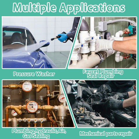Images of 595 Piece Metric And SAE Air Conditioning O Ring Kit For Automotive AC, Pro Grade Compressor And Plumbing Seals, showcasing multiple applications including pressure washer and plumbing repair.
