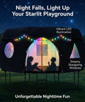 12 Ft Round Trampoline Tent Cover For 12 Ft Frames, Fits 8 Curved Poles With LED Lights at night, silhouettes inside