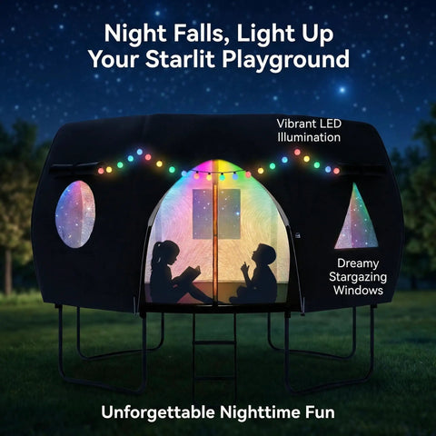 12 Ft Round Trampoline Tent Cover For 12 Ft Frames, Fits 8 Curved Poles With LED Lights at night, silhouettes inside