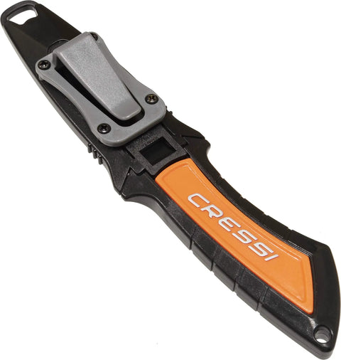 Compact Emergency Dive Knife For Scuba Gear And Spearfishing Use with ergonomic handle and gear attachment clip displayed.