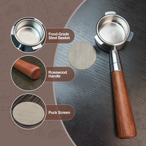 Angled view of 54 mm bottomless espresso portafilter with rosewood handle, stainless steel, and puck screen