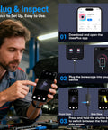 High Definition Dual Lens Endoscope Cam with Light for Tight Spaces setup instructions with smartphone and app interface