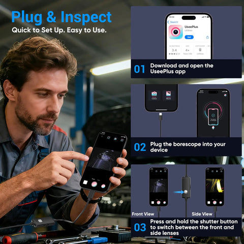 High Definition Dual Lens Endoscope Cam with Light for Tight Spaces setup instructions with smartphone and app interface
