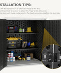 Weatherproof Outdoor Storage Cabinet With Locking Door For Patio Tools And Lawn Gear Waterproof Plastic Shed With 15 Cu Ft Capacity 2 Adjustable Shelves Dark Gray Durable Outdoor Storage Box displaying open shelves and tools inside, with installation tips on the side.
