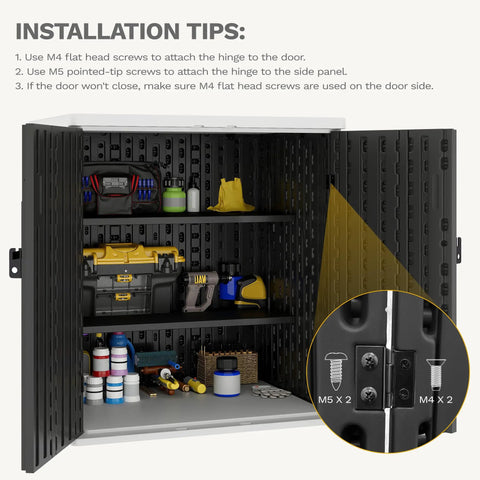 Weatherproof Outdoor Storage Cabinet With Locking Door For Patio Tools And Lawn Gear Waterproof Plastic Shed With 15 Cu Ft Capacity 2 Adjustable Shelves Dark Gray Durable Outdoor Storage Box displaying open shelves and tools inside, with installation tips on the side.