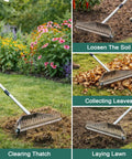 Lawn Dethatching Rake With 15.6 Inch Wide Head And 20 Curved Tines, heavy duty stainless steel being used for various yard tasks.
