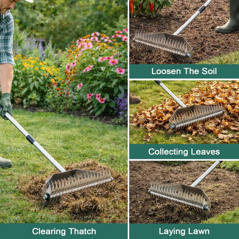 Lawn Dethatching Rake With 15.6 Inch Wide Head And 20 Curved Tines, heavy duty stainless steel being used for various yard tasks.