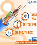Cat6 Plenum Ethernet Cable 1000ft Pro Grade Pure Copper UTP 23 AWG 550 MHz DSX 8000 Certified with tangle-free design