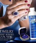 Gem And Jewelry Cleaner Concentrate Refill For Ultrasonic Machines 8oz Safe Non Toxic Formula on blue bottle and jewelry display