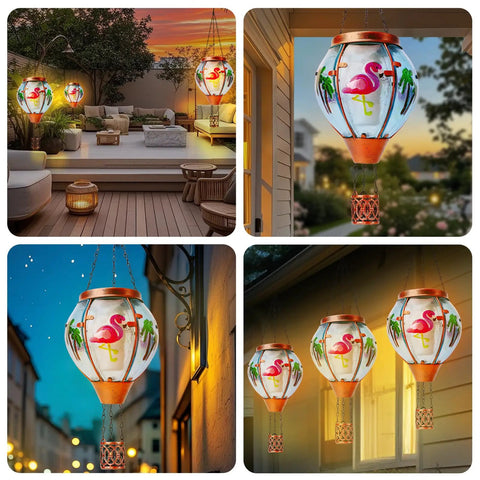 Solar Hot Air Balloon Lantern With Flamingo Pattern Waterproof Outdoor Hanging Lights for garden decor at night.