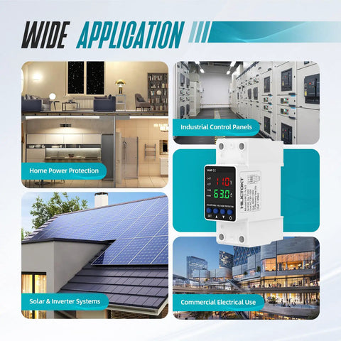 Built Tough Adjustable Voltage Protector For 110V Circuits Auto Reset Smart Breaker shown in various application settings.
