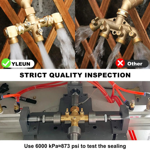 Three Way Garden Hose Splitter With Swivel Elbows High Flow Brass Body And Shut Off Valves Includes Washers And Thread Seal Tape Durable Heavy Duty Hose Bib Adapter Go To Three Quarter Inch Standard Hose Threads, brass splitters under pressure test