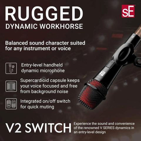 Dynamic Microphone With On Off Switch For Singing Speech And Instruments Handheld XLR Vocal Mic For Live Gigs And Studio Recording Supercardioid Pattern Rugged All Metal Housing shown on promotional image with text.