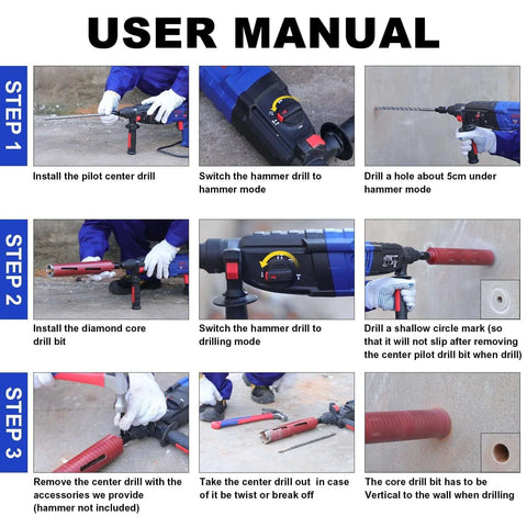 SALI diamond core drill bits front view user manual collage with Step 1–3 installation and drilling instructions