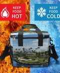 Heavy Duty Insulated Cooler Bag with Leakproof Design for camping, work, and picnics, showing hot and cold food capabilities.