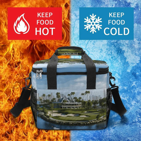 Heavy Duty Insulated Cooler Bag with Leakproof Design for camping, work, and picnics, showing hot and cold food capabilities.