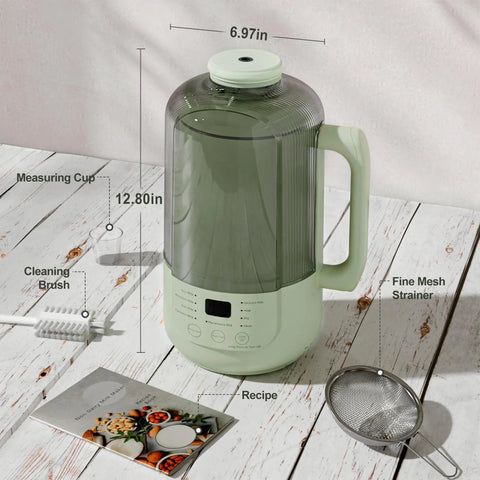Next Level 40oz Nut Milk Maker Blender Two Pack, 9 in 1 Plant Based Machine with measuring cup and cleaning brush on wooden table.