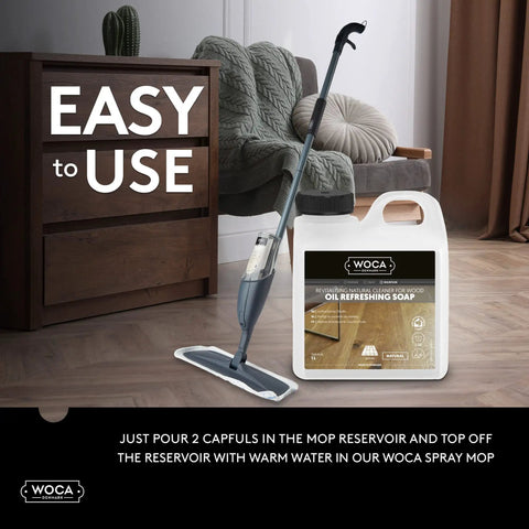 Oil Refreshing Soap For Oil Treated Wood Surfaces, jug and mop on wood floor with Easy to Use text