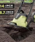 Electric Tiller Cultivator 14 Inch With Folding Handle, 12 Amp Corded Garden Rototiller in action, showing soil coverage.