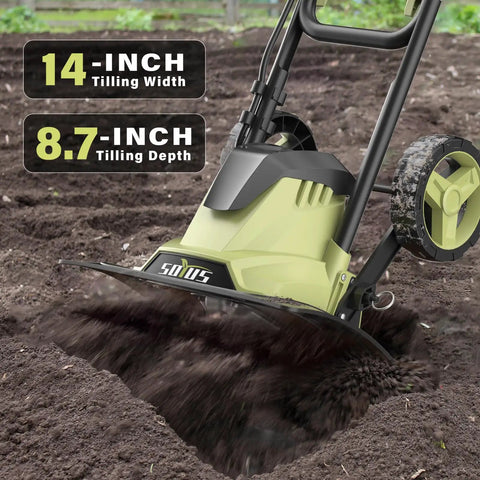 Electric Tiller Cultivator 14 Inch With Folding Handle, 12 Amp Corded Garden Rototiller in action, showing soil coverage.
