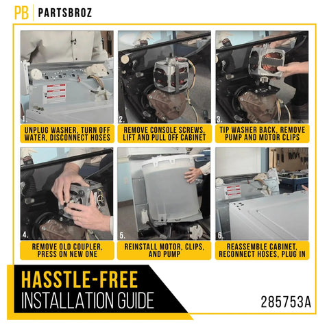 Installation guide for Motor Coupler Kit For Roper RAB1121EW1 Washer Drive Motor Replacement, step-by-step process shown.