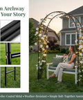 Iron Pergola Garden Arbor For Weddings And Backyards, 7.9 Feet High By 4.6 Feet Wide, woman sitting under lit metal arch
