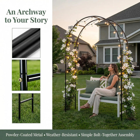 Iron Pergola Garden Arbor For Weddings And Backyards, 7.9 Feet High By 4.6 Feet Wide, woman sitting under lit metal arch