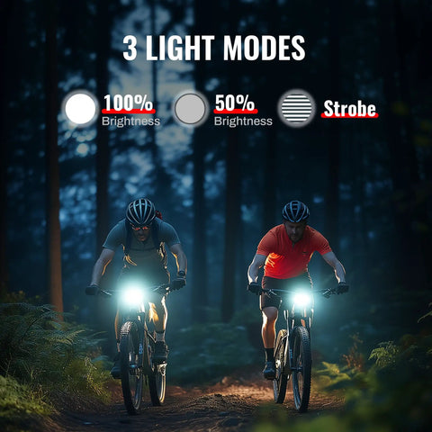Two Pack Bike Lights With Horn, 1400LM USB Rechargeable Front Headlight And Tail Light in forest at night, three light modes