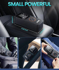 Cordless Tire Inflator Portable Air Compressor 150 PSI Fast Inflate For Cars Motorcycles Bicycles And Balls With Built In Pressure Gauge Dual Use Type, shown with compact size measurements on a car seat and being placed in a bag.