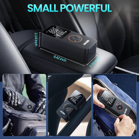 Cordless Tire Inflator Portable Air Compressor 150 PSI Fast Inflate For Cars Motorcycles Bicycles And Balls With Built In Pressure Gauge Dual Use Type, shown with compact size measurements on a car seat and being placed in a bag.
