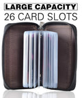 Open genuine leather card holder with zipper wallet for 26 cards black slim and durable compact go to card organizer with visible slots