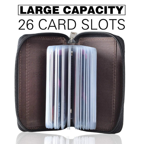 Open genuine leather card holder with zipper wallet for 26 cards black slim and durable compact go to card organizer with visible slots